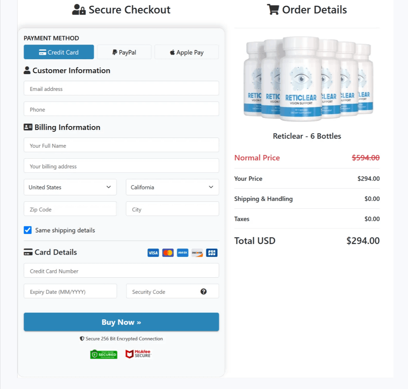 Reticlear Checkout page